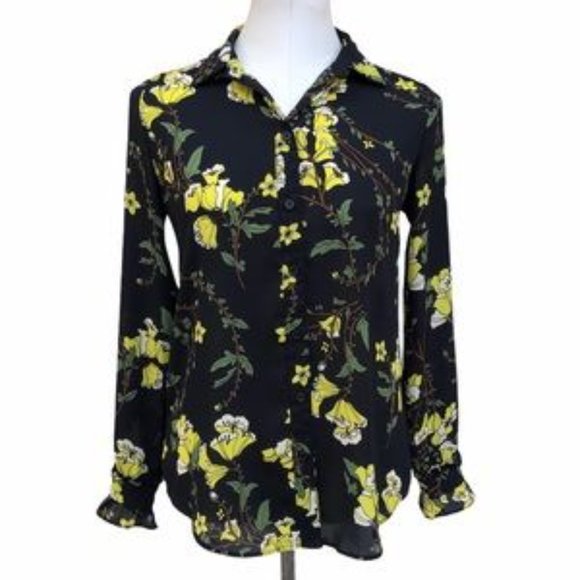 Who What Wear Black Yellow Floral Long Sleeve Button Down Ruffle Cuff Top - Picture 1 of 8